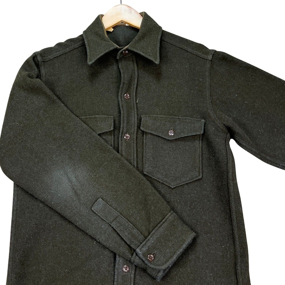 VTG Woolrich Heavy Button Up Mens S Green Flap Pocket Wool Ribbed Made in USA